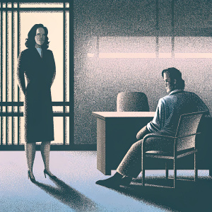 Robin Strasser and Craig T. Nelson in a dramatic office scene. Robin in a dark dress, standing confidently. Craig in a blue shirt, relaxed posture. Office interior with desk and chairs