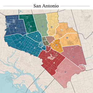 Color-coded map showcasing San Antonio School Districts. Each area distinctly labeled for easy identification.