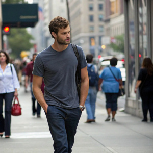 Jamie Dornan walking down a busy city street, candid photo style.