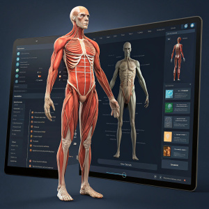 Interactive 3D human anatomy software. Detailed muscular and skeletal systems displayed. Various screens highlight different body parts. Features include action anatomy, figure, statue, motion, thumbnails, and control buttons.