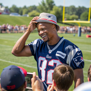Terry Glenn, former NFL player, smiling and touching his hat. Wearing jersey with team emblem. Practice field, sunny day, surrounded by fans.