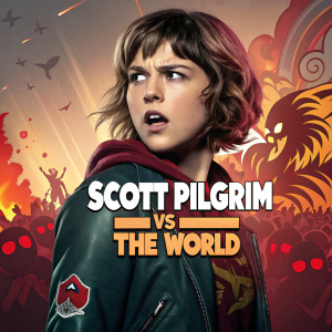 Promotional poster for Scott Pilgrim vs The World. Young woman with fierce expression. Dynamic design with fiery colors, chaotic background with creature and crowd silhouettes, film title
