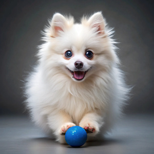 a very pretty fluffy white маленький молодой  щенок породы померанский шпиц with blue eyes, a cute face, soft, shiny, very long and very fluffy fur прыгает за блестящим мячиком без фона серый фон