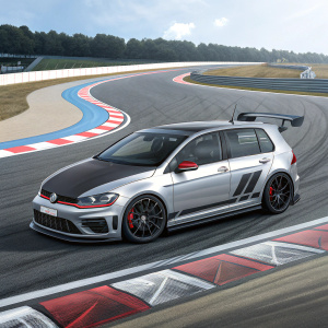 Silver and black Volkswagen Golf R420 in a sleek, digital illustration style. Racing track background.