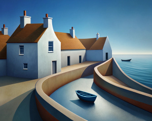 St Monans harbour in Fife with boats,Curvilinear style of Mandy Budan,acrylic painting,wide angle