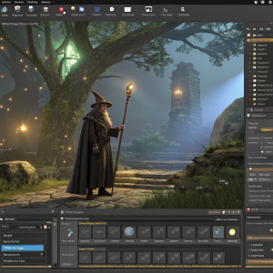 Screenshot of Daz Studio software interface showcasing a 3D character model in a fantasy scene with a wizard character holding a staff, intricate UI layout, and various customization tools open