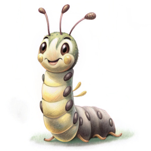 cartoon-style caterpillar character design. watercolour