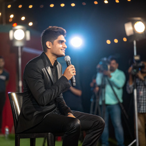 Shubman Gill, cricket star, in the midst of a press conference. Wearing a sleek black suit. Sitting on a chair with a microphone in front. Bright lights and photographers in the background.