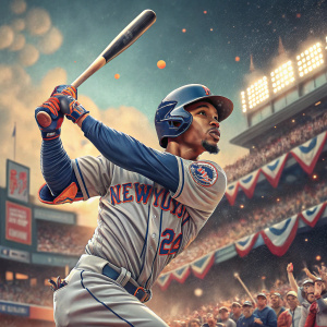 Francisco Lindor, in full batting stance, mid-swing, wearing New York Mets jersey. Crowd blurry, cheering wildly. Stadium lights and banners in background.