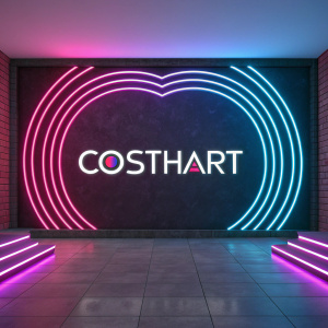 A sleek digital design showcasing Costhart's brand identity. The backdrop is vividly bright, with neon colors swirling around a minimalist logo featuring the brand's name 'Costhart' in a bold, modern font.