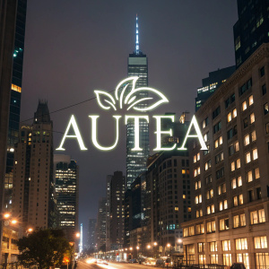 In the heart of a bustling city night, Autea's logo shines. It's a sleek design, modern letters glowing against the dark skyline. 'Autea' in bright white, positioned with perfect alignment, showcasing the brand's elegant simplicity.