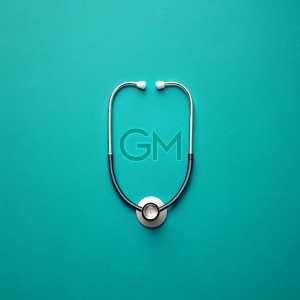 Crea un estetoscopio MINIMALISTA, tiene que tener un fondo el cual refleje limpieza y salud como el turqueza. eL LOGO DEBE TENER LAS LETRAS GM dentro del estetoscopio