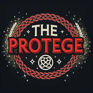 Digital illustration of 'The Protege' logo. Bold red color on black background. Stylized text with intricate graphic design. Sparkling particles add dynamism. Modern graphic style.