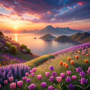 Paisaje de un tranquilo atardecer con montañas y mar en calma, con una vista desde una montaña y  flores tipo orquídeas de color lila y tulipanes violeta 