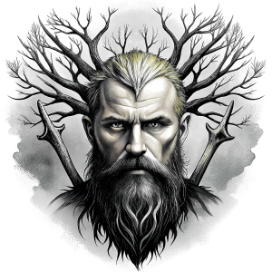 Wikinger mit zwei Gesichtern baum yggdrasil – and weapons high-definition design grey and black, realistic tattoo design, white background