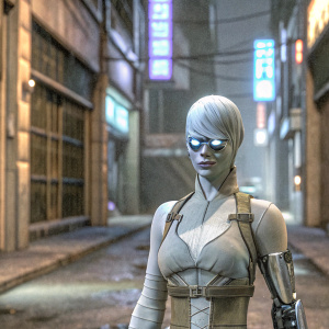 Danine Pavlovski, cyberpunk character, with pale skin, mechanical enhancements, and futuristic accessories. Dark alley backdrop