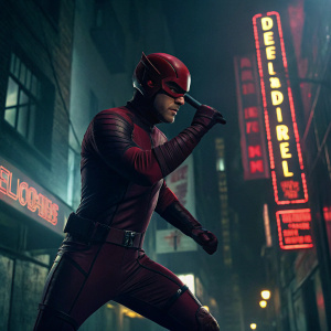 Promotional poster for Daredevil, Netflix series. Matt Murdock, clad in iconic red costume, engaged in martial arts. Dark alley background with neon signs.
