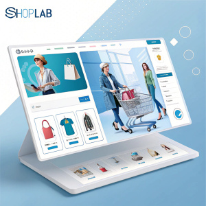 E-commerce website design for ShopLab. Discount code box highlighted. Clean blue background with sleek interface.