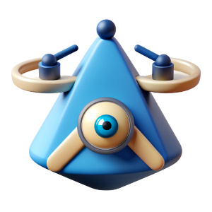Illustration of a drone from the future, minimalistic, drone in a triangular shape, round at the bottom, 1 eye in the middle