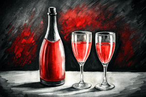 a bottle of champagne and two poured glasses