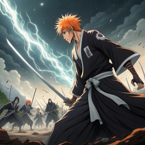 Ichigo Kurosaki from the anime series Bleach. Wearing his iconic orange hair and captain's uniform. Surrounded by enemies in a battle scene.