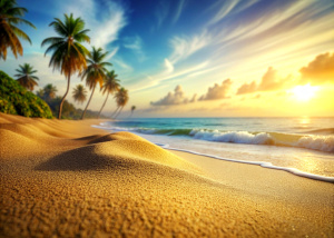 The shore of the sea is a sunny view near the beach On the background of a wave.Below there is sand with grains of sand on the edge of palm trees or flowers