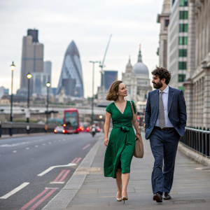 Christina Ricci in a green dress, Adam Goldberg in a suit. Walking down a bustling street in London. Background is city skyline.