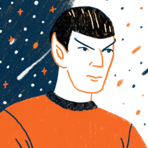High-resolution digital painting of Mr. Spock from Star Trek. Against dark space with stars. Detailed depiction of his facial features and iconic appearance