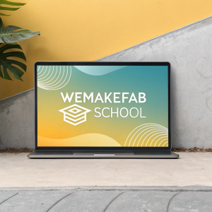 A sleek digital design showcasing the Wemakefab School logo. The logo, prominent and clear, is centered on the canvas. Background transitions from pastel to vibrant yellow hues, emphasizing simplicity and focus on the brand identity.
