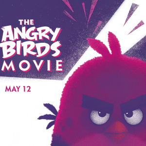 Poster for the film 'The Angry Birds Movie'. Featuring red angry bird character, colorful and dynamic background. Release date: May 12.