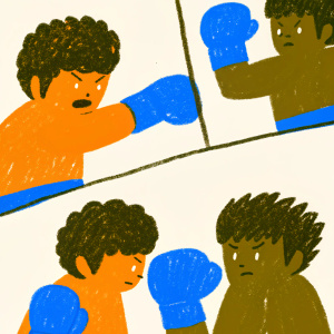 Intense boxing match scene from Hajime no Ippo. Exaggerated facial expressions, dynamic poses. Multiple panels illustrate the fight's progression.