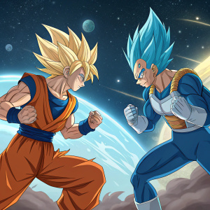 Digital art illustration featuring Goku and Vegeta in intense fighting stance. Vibrant colors, detailed features, and an energetic space background filled with stars and planets.