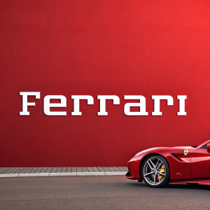 Elegant logo design for Ferrari. Red background, white text 'Ferrari' in bold, modern font. Luxurious and sophisticated.