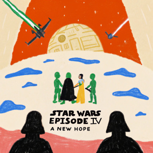Movie poster for Star Wars: Episode IV - A New Hope. Featuring iconic characters and spacecraft from the Star Wars universe. Bottom text identifies the series and episode.