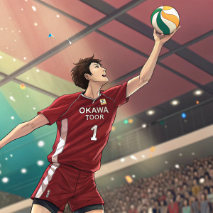Oikawa Tooru from Haikyuu anime, depicted in dynamic action pose. He wears a red jersey with number 1. Background features a vibrant sports arena.