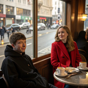 Barry Keoghan and Gaby Murphy at a cozy cafe. They wear casual outfits, Barry in a black hoodie, Gaby in a red coat. The background is a bustling city street.