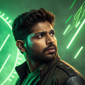 Digital illustration of Allu Arjun, south asian actor, intense gaze. Neon green background with abstract shapes