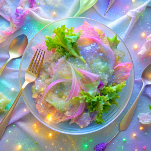 
 close light pastel  very much glitter sparkly intense crystal effect fantasized glam Sprinkle Tableware vegan salad   in the plate Shimmering Bioluminescent fairytale masterpiece  Magical Holographic  Glossy Bioluminescent iridescence  Shimmering Holographic   Foil Glossy Patent Spandex Vinyl  