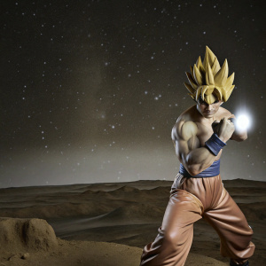 A 3D rendered model of Goku, hero of Dragon Ball series, in a powerful fighting stance. Set against a backdrop of endless starry night, Goku's determined face and vibrant colors stand out.