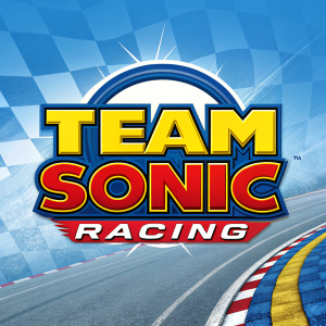 Dynamic logo for Team Sonic Racing. Yellow, red, blue, and white colors. Prominent sporty text. Blue and white checkered background with racing track design. Vibrant and energetic style.