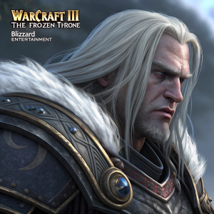 Close-up of a warrior character from 'Warcraft III: The Frozen Throne'. Intense expression, long white hair, detailed textures. Blizzard Entertainment logo in corner