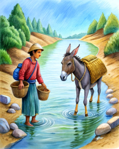 the seller and the donkey had to cross a small river in order to reach the market, but the donkey suddenly stumbled and fell into the water. The salt dissolved and the bags became light, which made the donkey very happy.