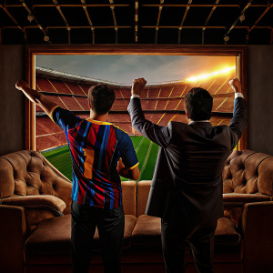 Robert Lewandowski and Joan Laporta celebrating a goal. The vibrant Camp Nou stands behind them. Lewandowski in his soccer jersey, Laporta in a formal suit.