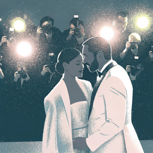 Rihanna and Ricardo Tisci at a glamorous fashion gala, both wearing designer outfits. They share an intimate moment in front of a crowd of paparazzi.
