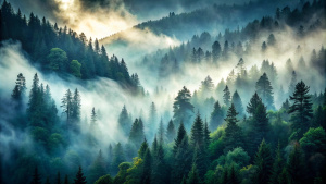 Misty Mountainside Forest In the dark forest