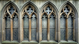 four gothic glass window,old wood grandwall,gray colour 