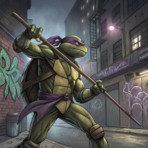 Donatello, Teenage Mutant Ninja Turtle, wielding his iconic bo-staff in a dramatic pose. Detailed comic book style illustration.