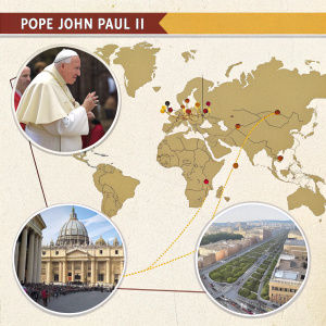 Interactive timeline infographic highlighting key religious events of Pope John Paul II. Includes detailed maps and illustrations of significant religious processions.