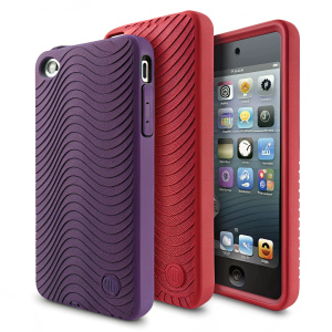 Product shot: Belkin Essential 023 cases for iPod Touch 4th Generation. Textured wavy design, available in deep purple and bold red. Snug fit protecting iPod Touch. Shot against plain background.