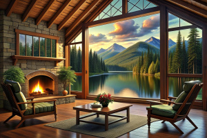 "Generate an image of a lakeside cabin with a fireplace, rustic wooden furniture, and large windows framing a view of the serene lake. Capture the tranquility of a lakeside retreat, perfect for a romantic getaway."



